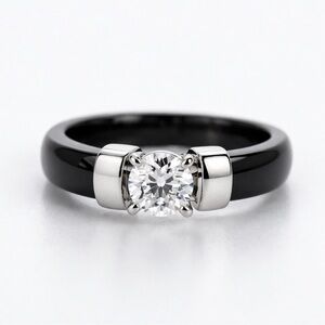Black Ceramic Solitaire Ring with Silver Accent